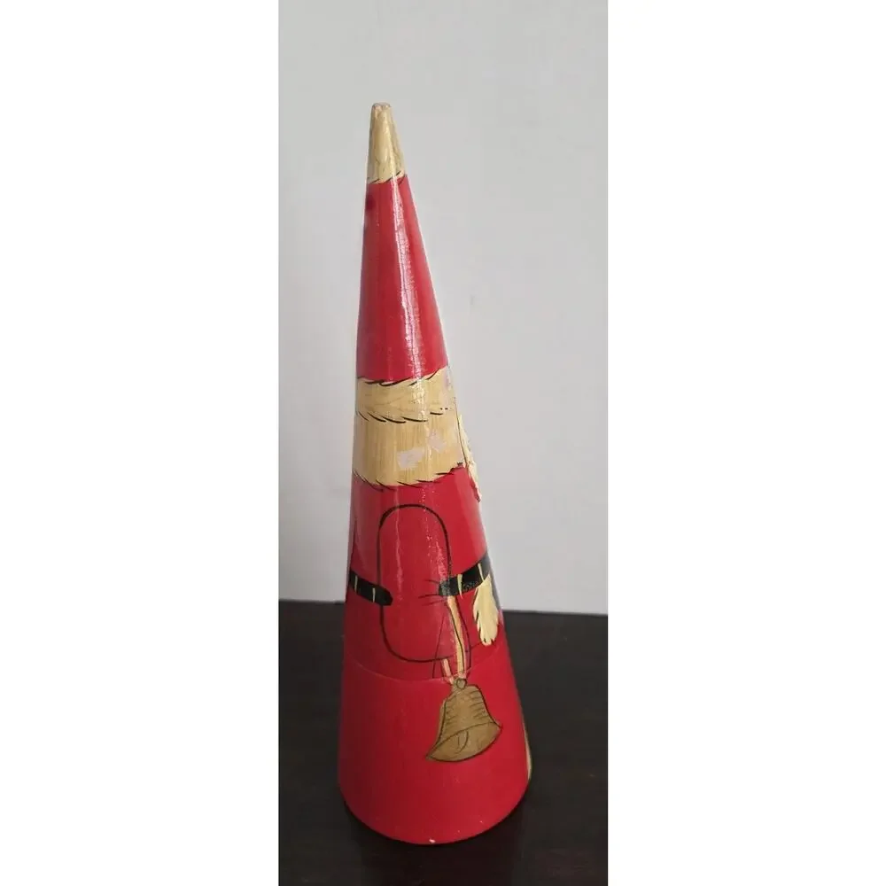 Vintage Nesting Santa Claus Dolls Cone Shape 2 Pc Wooden Carved 8